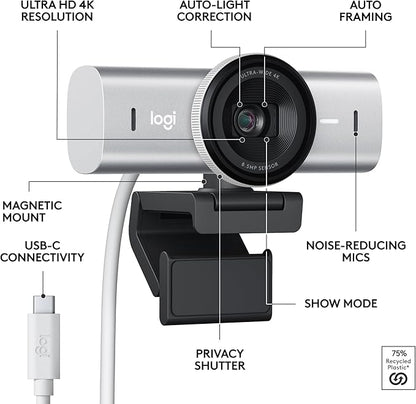 Logitech MX Brio Ultra HD 4K Collaboration, Streaming Webcam, 1080p at 60 FPS, Show Mode, Works with Microsoft Teams, Zoom, Google Meet, Nintendo Switch 2 New GameChat Mode - Pale Gray