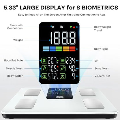 GE Smart Scale for Body Weight, BMI, Fat, Muscle Mass, Digital Bathroom Scales 500lbs Bluetooth 11.8" Large Platform Weighing Machine Health Monitor with App, White