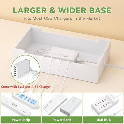 Pezin & Hulin Bamboo Charging Dock Station for Electronic Devices, Docking Organizer for Phone and Tablets, Smart Watch, Earbuds, Power Strip Box (Included 5-Port USB Charger and 5 Cables) -White