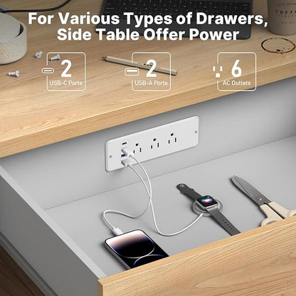 CCCEI 6 Outlets Dual Side Recessed Power Strip with 45W USB C Port, Furniture Flush Mount, Under Desk, Desk Top Multiple Outlet, Hidden Charging Station for Conference Table, Nightstand, White. 10FT.