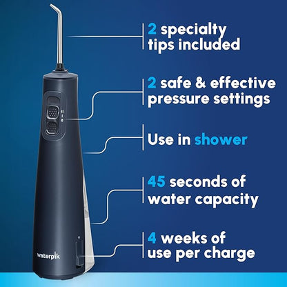 Waterpik Cordless Pulse Rechargeable Portable Water Flosser for Teeth, Gums, Braces Care and Travel with 2 Flossing Tips, Waterproof for Shower, ADA Accepted, WF-20 Blue, Packaging and Tips May Vary