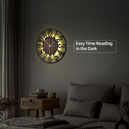 Casaformia 20'' Silent Wall Clock with Night Light, Glow in The Dark Decorative Wall Clock Battery Operated, Rustic Modern Metal & Wood Clocks for Bedroom Living Room Decor, Arabic Numerals