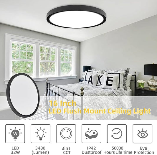 RLEDPZTX Led Flush Mount Ceiling Light,16 Inch 32w 3480lm,3000k/4000k/6000k 3CCT Selectable, Round Modern Flat Panel Super Slim Led Ceiling Light,for Living Dining Kitchen Bedroom Room (4Pack-Black)