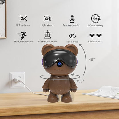 dzcctvipc Cute Bear 2K Robot & Pet Camera – Hidden Indoor Security, Motion & Baby Cry Detection, Privacy Mode, 5G Dual-Band, Pan & Tilt, Full HD Night Vision, 24/7 Recording, 2-Way Audio