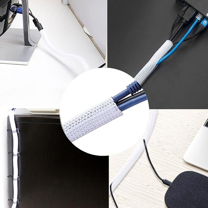 QCSIW 1/4" x100ft Split Sleeve Wire Loom Tubing - Cat-Proof Cord Protector for USB, Power, Audio/Video Cables | Chew-Resistant Sleeving, Easy Install, White