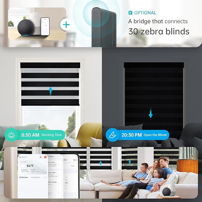 Motorized Zebra Blinds, Solar Powered Dual Layer Automatic Shades with Remote Control, Rechargeable Smart Blinds Horizontal Wireless Electric Shades for Windows, Custom Size, Black， 33 x 72