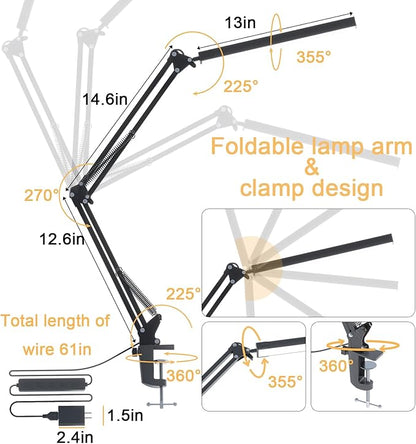 TROPICALTREE LED Desk Lamp for Home Office, Clamp-On with 5 Light Modes & Auto Shut Off | 14W Adjustable Brightness 5000K Eye-Caring Lighting for Study/Bedroom/Computer Desk