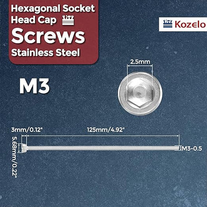 Kozelo 4pcs Socket Head Cap Screws - [M3-0.5 x 125mm] 304 Stainless Steel Allen Socket Drive for Electrical Motor 3D Printing Fan Engine Replacement Use, Silver