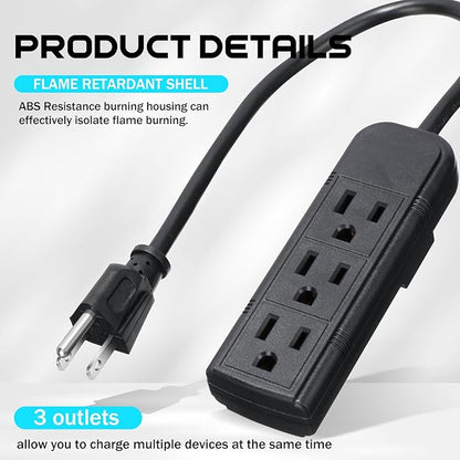 Copkim 36 Pack 3 Outlet Power Strip Extension Cord with Flat Plug Mini Cord 3 Ground Heavy Duty Mountable Outlets Strip for Computer Phone Home Office (1 ft,Black)