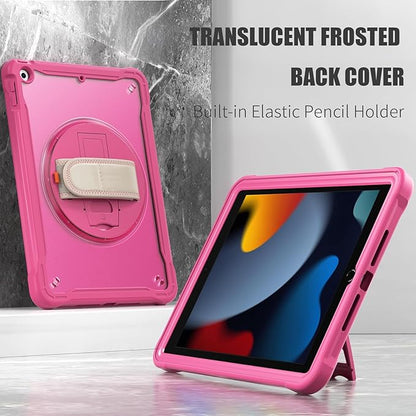 ZenRich Clear Case for iPad 9th/8th/7th Generation 10.2 inch 2021/2020/2019, Shockproof Slim Hard Case with Pencil Holder/360°Rotating Kickstand/Handle/Carrying Strap, Rose
