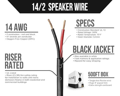 Voltive 14/2 Speaker Wire, Riser CL3R, Black, 500ft - 14AWG, 2 Conductors, Stranded Oxygen-Free Copper, UL Listed - V-1268-1