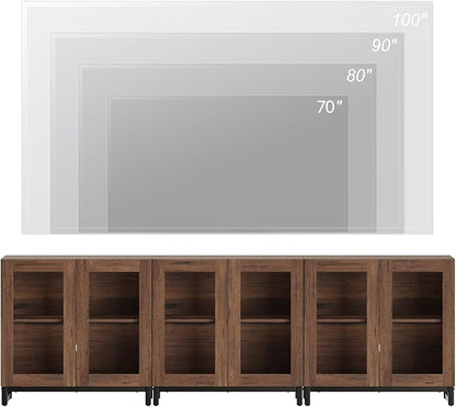 WAMPAT Modern TV Stand with Glass Doors for 110 inch TVs, Farmhouse Entertainment Center TV Console with Adjustable Shelves for Living Room, Bedroom, Brown
