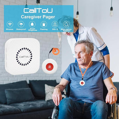 CallToU Caregiver Pager Call Button Elderly Wireless Call Button Vibration Pager Nurse Calling Alert System for Home Elderly Disabled Patient 2 Transmitters 1 Plug-in Receiver