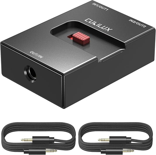 Cubilux 3.5mm Audio Selector, Bidirectional 2-In-1-Out or 1-In-2-Out 1/8-in TRS Headphone Switcher, Ultra-Compact Aluminum Case Passive Toggle A/B AUX Switch Box for PC