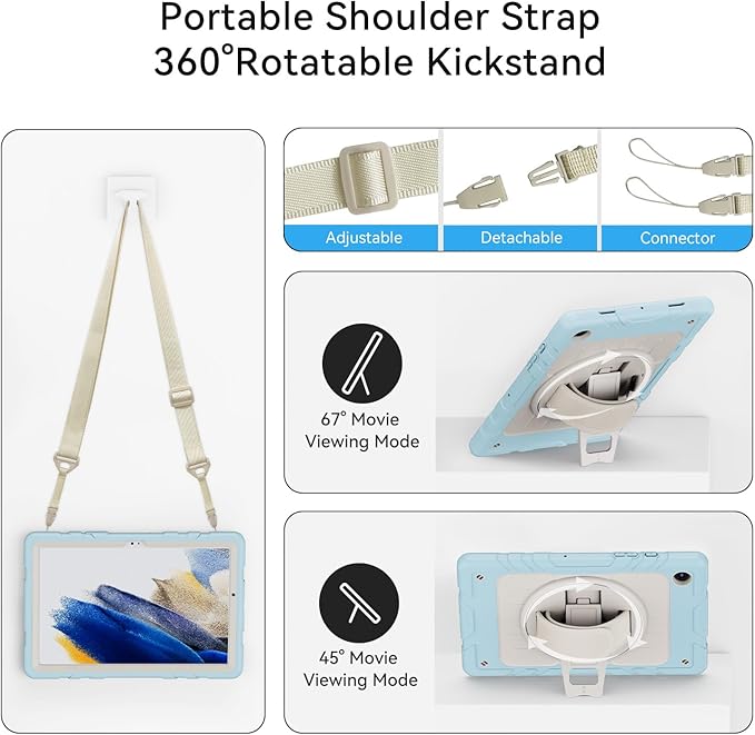 for Samsung Galaxy Tablet A8 Case 10.5 inch 2022 SM-X200/X205/X207 with Screen Protector [360 Rotating Stand] &Hand Shoulder Strap Shockproof Rugged Protective Cover|Blue&Beige