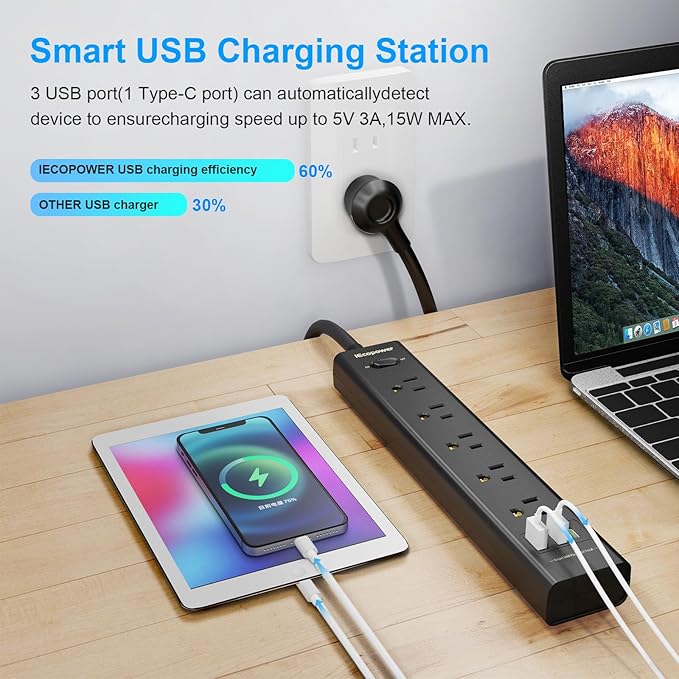 10FT Long Surge Protector Power Strip-with 5 Widely Outlets and 3 USB Ports(1 USB C Port),10 Foot Extension Cord(1250W/10A),Wall Mount for Home Office,700 J,Black(2 Pack)