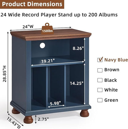 Joaxswe Record Player Stand with Vinyl Record Storage, 24" Wide Mid-Century Record Player Table Up to 200 Albums,Large Wood Turntable Stand Cabinet Dispaly Shelf for Living Room,Bedroom,Blue