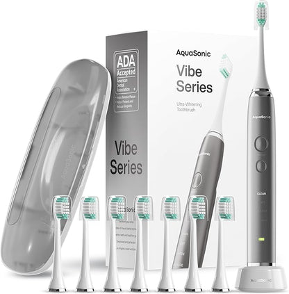 Aquasonic Vibe Series Ultra-Whitening Toothbrush – ADA Accepted Electric Toothbrush - 8 Brush Heads & Travel Case – 40,000 VPM Motor & Wireless Charging - 4 Modes w Smart Timer – Charcoal Metallic