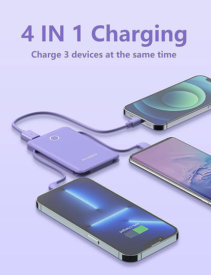 miisso 6000mah Ultra Slim Built in Cables Power Bank, Card Size Built in USB C Cords Battery Pack Portable Charger for Phones, 3 Output External Battery Pack Compatible with iPhone, Purple