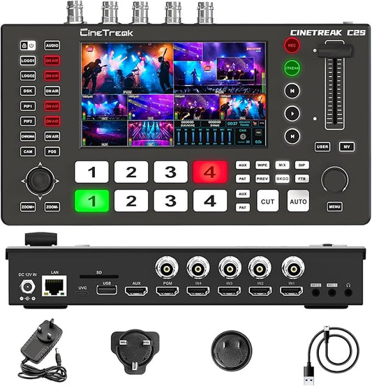Cinetreak C2S HDMI & SDI 5.5'' Screen Multi-Format PTZ Control Video Switcher Mixer with REC, Playback, Macro Media,Vertical Livestream （NDI updatable）