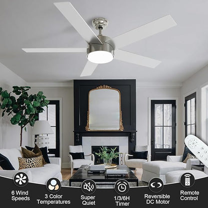 POCHFAN 52 Inch Brushed Nickel Ceiling Fans with Lights,Ceiling Fan with Remote Control,Reversible DC Motor,3 CCT 6-Speed,Noiseless Ceiling Fan for Bedroom,Living Room,Dining Room,ETL Listed