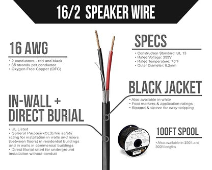 Voltive 16/2 Speaker Wire, in-Wall CL3 & Direct Burial, Black, 100ft - 16AWG, 2 Conductors, Stranded Oxygen-Free Copper, UL Listed - V-1210-1