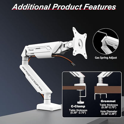 Fydeamer Monitor Arm for 17-35" Screens up to 24.2 lbs, Ergonomic Gas Spring Monitor Stand with Height Adjust, Tilt, Swivel & Cable Management, VESA Desk Mount with 2 Types of Installation, White