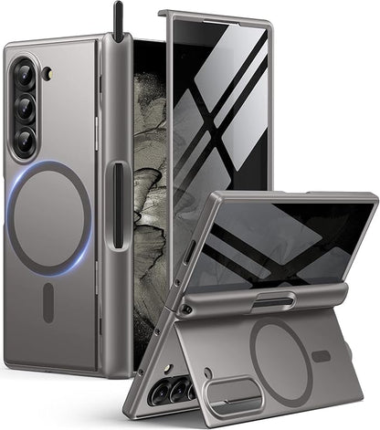 BERFY for Samsung Galaxy Z Fold 6 Phone Case Grey | Magnetic, with Privacy Screen Protector, Compatible with MagSafe, Anti Spy, Built-in S Pen Holder, Kickstand, Full-Body Shockproof, for Z Fold 6