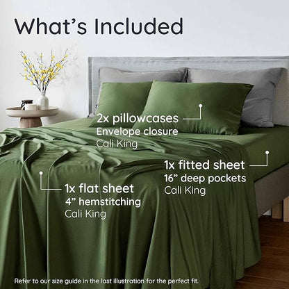Bambaw California King Sheet Set 4pcs – 100% Viscose Derived from Bamboo Sheets Deep Pocket, Fits Up to 16'' Mattresses, Super Soft & Temperature Cooling Bed Sheets (Olive)
