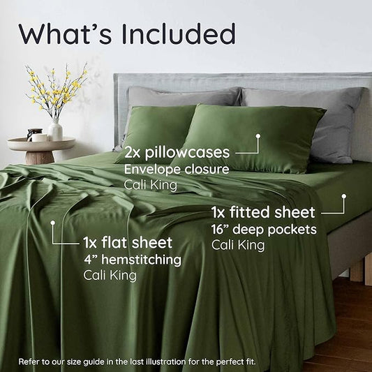 Bambaw California King Sheet Set 4pcs – 100% Viscose Derived from Bamboo Sheets Deep Pocket, Fits Up to 16'' Mattresses, Super Soft & Temperature Cooling Bed Sheets (Olive)
