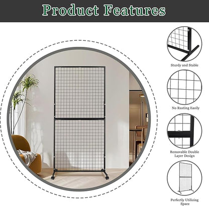 ktondic 3'×6' Double-Layer Grid Panels for Display, Movable Gridwall Panels Tower with T-Base Stand, Sturdy Wire Grid Wall Panels Metal Art Display Racks for Retail Displays Craft Shows