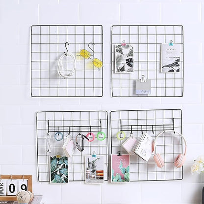 Feadily 5 Pack Metal Grid Wall Board Including 2 Hook Rack, Photo Wall, Picture Board, DIY Home & Office Wall Decor, Photos & Pictures Display Board 13.8 Inch × 13.8 Inch (Black)