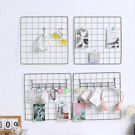 Feadily 5 Pack Metal Grid Wall Board Including 2 Hook Rack, Photo Wall, Picture Board, DIY Home & Office Wall Decor, Photos & Pictures Display Board 13.8 Inch × 13.8 Inch (Black)