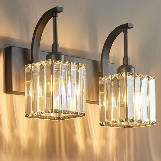 FDPBY Crystal Vanity Lights 2-Light Black Wall Lamp Modern Crystal Bathroom Light Fixtures Over Mirror 13.77" Long Bathroom Wall Sconce
