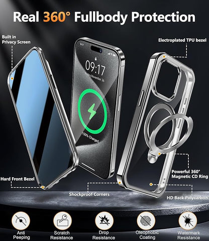 [360° Rotatable CD Stand & Built-in Privacy Screen Magnetic Case for iPhone 15 Pro [Compatible with MagSafe & Full Signal] Mil-Grade Shockproof Full Body Anti-Spy Cover for 15 Pro-Gray