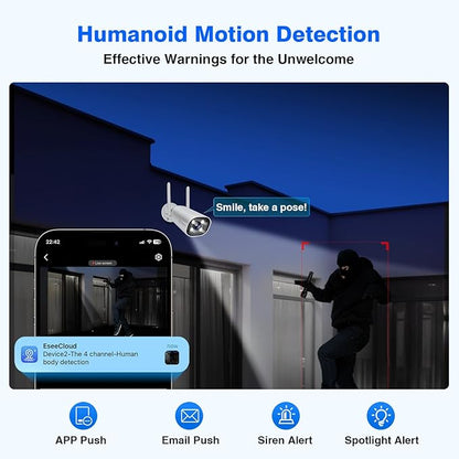 Cromorc Expandable 16CH NVR Wireless Security Camera System with 12.5" Monitor, 4PCS 5MP Surveillance Camera Human Detection, Spotlight, Siren Alarm, 2-Way Audio, Night Vision, 3TB HDD
