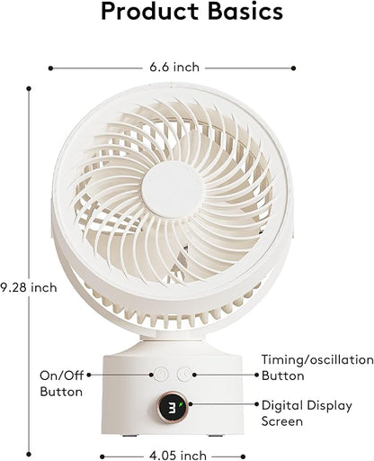CARONSORT Small Desk Oscillating Fan, Table Air Circulator Fans for Bedroom, Rechargeable Battery Operated with 3 Speeds, Mini Fan 9 Inches, 90° Adjustable Tilt, 30 db Low Noise, White