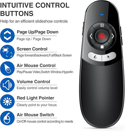 DINOSTRIKE 2 in 1 Type C and USB Presentation Clicker with Air Mouse Control, RF 2.4GHz Wireless Presenter Remote PowerPoint Clicker Slide Pointer Advancer for Computer Laptop Classroom Office