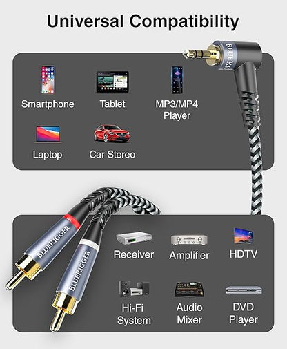 BlueRigger 3.5mm Aux to 2RCA Audio Cable (10FT, 90D Stereo Splitter Y 2RCA Male, Braided, 1/8" RightAngled TRS to RCA, Hi-Fi Sound, Metal Shell) - for Phones, Amplifiers, Tablets, Home Theater, HDTV