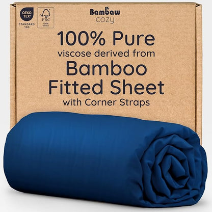 Bambaw 100% Viscose Derived from Bamboo Fitted Sheets Queen Size, Cooling Fitted Sheets Queen Size, 16’’ Deep Pocket Navy Blue Fitted Sheet, Breathable Queen Mattress Fitted Sheet Only (Navy Blue)