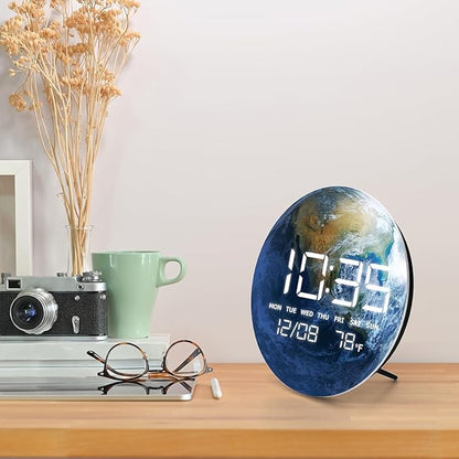 HOMLOVE Digital Desk Clock with Large LED Display, Earth Modern Date Temperature Clock [TYPC-in] for Shelf, Table, Mantel or Bedside, (Earth, 7.87 INCH)