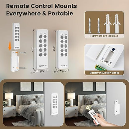 SURAIELEC Remote Control Outlet, Wireless Remote Light Switch, 100 FT, 15A/1875W, Expandable Indoor Compact Side Outlet Plug for Lamps, Fans, Christmas Trees, Small Appliances, 5 Outlets + 2 Remotes