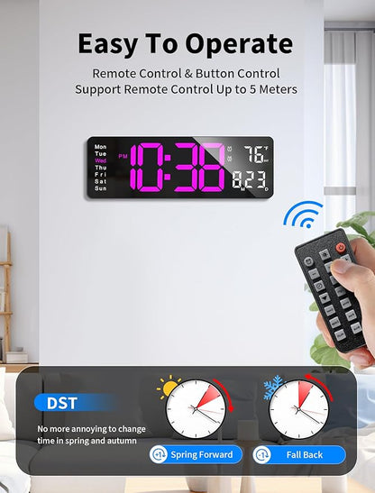 MASHI Digital Wall Clock, 16" Large Display Digital Clock with Remote Control, Auto-Dimming Wall Clock with Night Light, DST, Date Week,Temp for Living Room, Bedroom, Decor, Gift for Elderly
