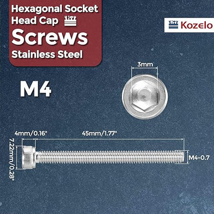 Kozelo 30pcs Socket Head Cap Screws - [M4-0.7 x 45mm] 304 Stainless Steel Allen Socket Drive for Electrical Motor 3D Printing Fan Engine Replacement Use, Silver