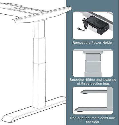 Fromann Electric Standing Desk Frame Dual Motor 3 Stages Height Adjustable Desk Legs with USB A+ C Ports Sit Stand up Desk Base for Home and Office (Grey)