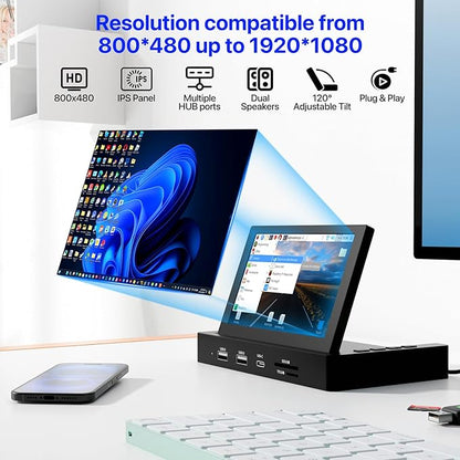 5-Inch Mini Monitor with USB HUB & Raspberry Pi Mount Holes, Type-C One-Cable Connection&Speakers, All-in-One Storage Dock, IPS Portable Screen for PC monitoring, Gaming/Streaming/AIDA64 DIY Partner