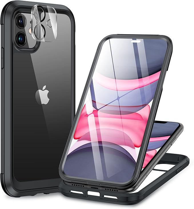 Miracase Glass Series for iPhone 11 Case 6.1 inch, Upgraded Full-Body Rugged Phone Bumper Case Cover with Built-in 9H Tempered Glass Screen Protector and Camera Protector, Black