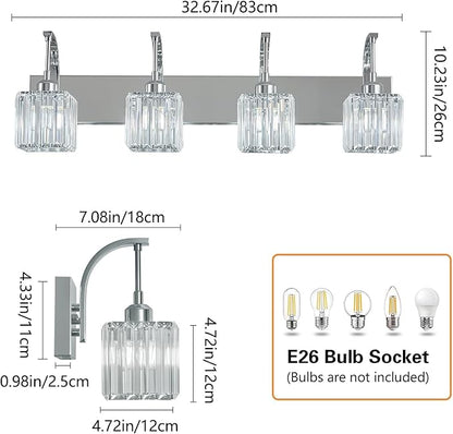 FDPBY Crystal Vanity Lights 4-Light Chrome Bathroom Vanity Lights Modern Crystal Bathroom Light Fixtures Over Mirror 32.67" Long Vanity Light for Bathroom