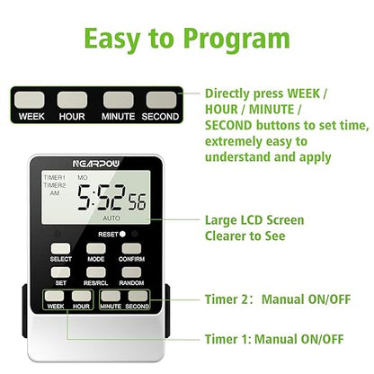 [2 Pack] Outlet Timer, NEARPOW Dual Digital Light Timer with 2 Independently-Controlled Outlets, 18 ON/Off Programs, 24-Hour and 7-Day Programmable,Indoor Electrical Timer Switch, 3 Prong, 15A/1800W
