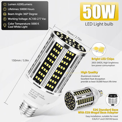 YANYCN 50W 2 Pack LED Corn Light Bulb,5000K Daylight 6500LM(500W Equivalent) Commercial GradeE26/E39 Medium Mogul Base LED Lamp,Large Area Lights for Outdoor Indoor Garage Warehouse Factory Bay Light